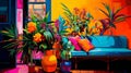 Vibrant Expressionism: A Colorful Room With Potted Flowers And Golden Light