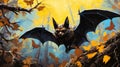 Vibrant Expressionism Illustration Of Bat Flying In Autumn Forest