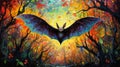 Vibrant Expressionism Illustration: Majestic Bat Flying In Forest