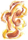 Abstract watercolor silhouettes of dancers in orange gradient with fiery waves