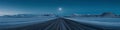 Vibrant extra wide panoramic sky. Winter highway. Snow covered street leading to the horizon