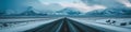 Vibrant extra wide panoramic sky. Winter highway. Snow covered street leading to te horizon