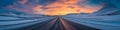 Vibrant extra wide panoramic sky. Winter highway. Snow covered street leading to te horizon
