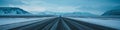 Vibrant extra wide panoramic sky. Winter highway. Snow covered street leading to te horizon