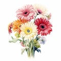 Colorful Gerbera Bouquet: Detailed Watercolor Painting With Vintage Charm