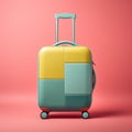 Colorful Block Suitcase With Wheels On Pink Background