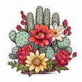 Neotraditional Vector Illustration Of Cacti And Flowers