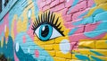 Vibrant eye mural painted on a colorful brick wall with a psychedelic design Royalty Free Stock Photo
