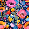 Vibrant intricately detailed fabric pattern bold flowers with adventure energy and liveliness
