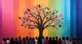 A vibrant fabric tree with colorful leaves made of buttons stands against rainbow backdrop symbolizing unity and diversity scene