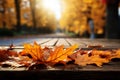 Vibrant fall leaves rest on a rustic wooden table, autumn themed Royalty Free Stock Photo