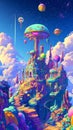 A vibrant, fantastical cityscape with colorful structures and floating elements Royalty Free Stock Photo