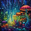 Vibrant Fantasy-Inspired Forest Scene with Dewdrops Transformed into Kaleidoscope of Colors