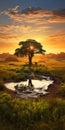 Vibrant Fantasy Landscape: Acacia Tree At Sunset