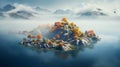 Vibrant Fantasy Landscape: Beautiful Island In Autumn With Fog