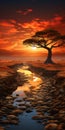 Vibrant Fantasy Landscape With Desert Tree - Uhd Image