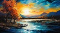 Vibrant Fantasy Landscape: Fall Sunset Over River