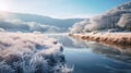 Vibrant Fantasy Landscape: Frosty River With Delicate Grass And Branches Royalty Free Stock Photo