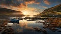 Vibrant Fantasy Landscapes Boats On A Lake At Sunset In Yorkshire Bay Royalty Free Stock Photo