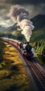 Vibrant Fantasy Landscapes: A Photorealistic Steam Train Journey Royalty Free Stock Photo