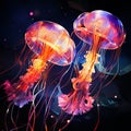 Vibrant fantasy neon jellyfish on dark solid background - abstract artwork with colorful glow Royalty Free Stock Photo