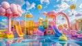 Vibrant fantasy playground with balloons in sky