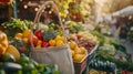 Vibrant farmers market produce, sampling, canvas bags, soft light, closeup details