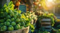 A vibrant farmers market stall, brimming with fresh Brussels sprouts on the stalk, along with other green vegetables