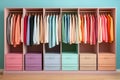 Vibrant and fashionable clothing rack with colorful assortment of clothes in a stylish closet