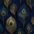 Vibrant Feather Patterns in Gold and Blue on Dark Background Royalty Free Stock Photo