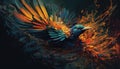 Vibrant feathered bird flying in nature multi colored backdrop generated by AI