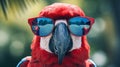 Vibrant Red Parrot Close-up: Feathered Creature with Beak and Single Body Part generated by AI tool