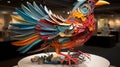 A colorful bird sculpture on a table