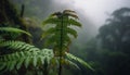 Vibrant fern frond in tranquil forest landscape generated by AI
