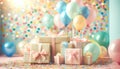 Colorful Birthday Celebration Background with Gifts and Balloons, AI Generated Royalty Free Stock Photo
