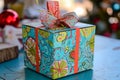 A vibrant and festive box adorned with a bow is placed on top of a table, Whimsical gift box in a Dr Seuss style, AI Generated
