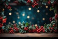 Vibrant Festive Christmas background with a border of holly leaves, berries, and twinkling lights, centered copyspace for festive Royalty Free Stock Photo