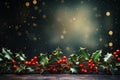 Vibrant Festive Christmas background with a border of holly leaves, berries, and twinkling lights, centered copyspace for festive Royalty Free Stock Photo