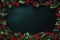 Vibrant Festive Christmas background with a border of holly leaves, berries, and twinkling lights, centered copyspace for festive Royalty Free Stock Photo