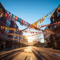 Vibrant Festive New Years Celebration: Colorful Banners & Streamers Against a Clear Blue Sky Royalty Free Stock Photo