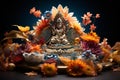 Vibrant Festive Tabletop: Hindu Deity Idol and Colorful Powders