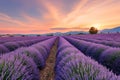 A vibrant field of lavender flowers bathed in the warm glow of the setting sun, A landscape of a stunning lavender field beneath a Royalty Free Stock Photo