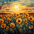 A field of sunflowers at sunset. Oil painting texture. Impressionism style. Royalty Free Stock Photo