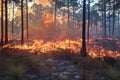 Forest engulfed in flames during a controlled burn at sunset in a pine grove. Generative AI Royalty Free Stock Photo