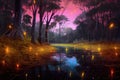 vibrant firefly glow contrasting with dark swamp landscape