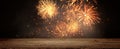 The Vibrant Fireworks Display Illuminating a Rustic Wooden Surface.AI generated image Royalty Free Stock Photo