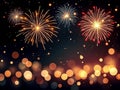 Vibrant Fireworks Exploding in Night Sky with Golden Bokeh Lights for Celebration Background Royalty Free Stock Photo