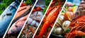 Vibrant fish products collage with 7 segments, showcasing diverse fresh seafood in bright lighting Royalty Free Stock Photo
