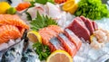 Vibrant fish and seafood display on ice at market freshness and detail captured in close up
