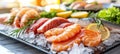 Vibrant fish and seafood market on ice with fresh assortment showcasing freshness